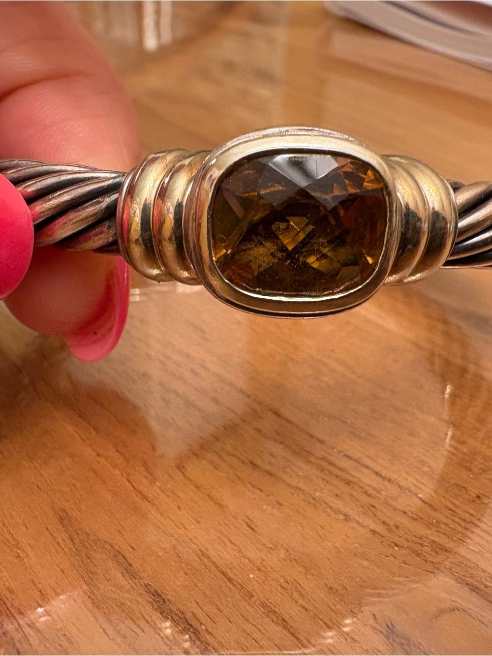 David Yurman Sterling Silver Cable Bracelet with Brown Faceted Stone